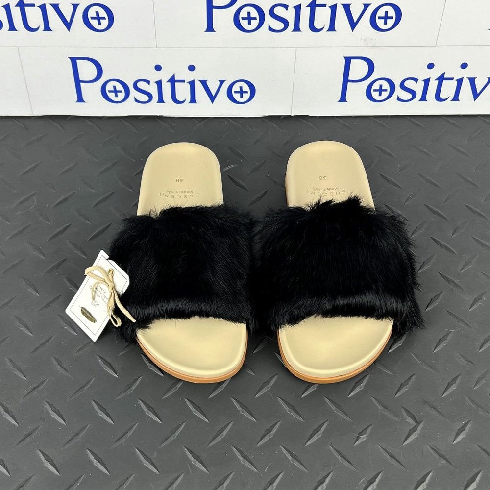 Buscemi Slide Fur Clot Black Leather Slippers US 8 EU 38 - Picture 2 of 6